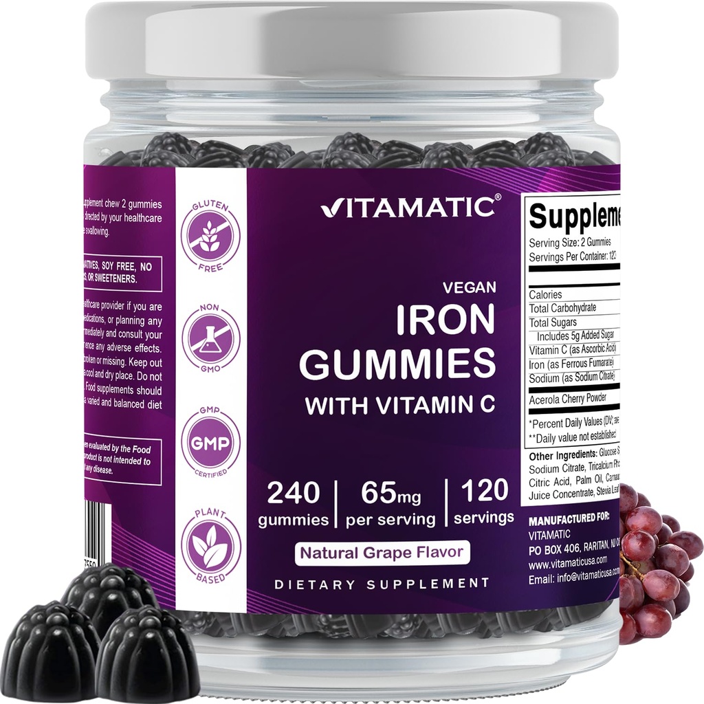 Supplément en fer Vitamatic 65 mg pour les femmes et les hommes - 240 Gommies Vegan - Grande dégustation de vitamines gommy en fer avec vitamine C