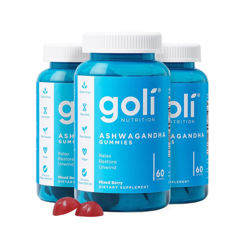 Goli Ashwagandha & Vitamin D Gummy - 180 Graaf - Gemengde Berry, KSM-66, Veganistisch, Plant Based, Non-GMO, Glutenvrij & Gelatine Vrij Ontspannen. Herstellen. Ontspan, verpakking van 3