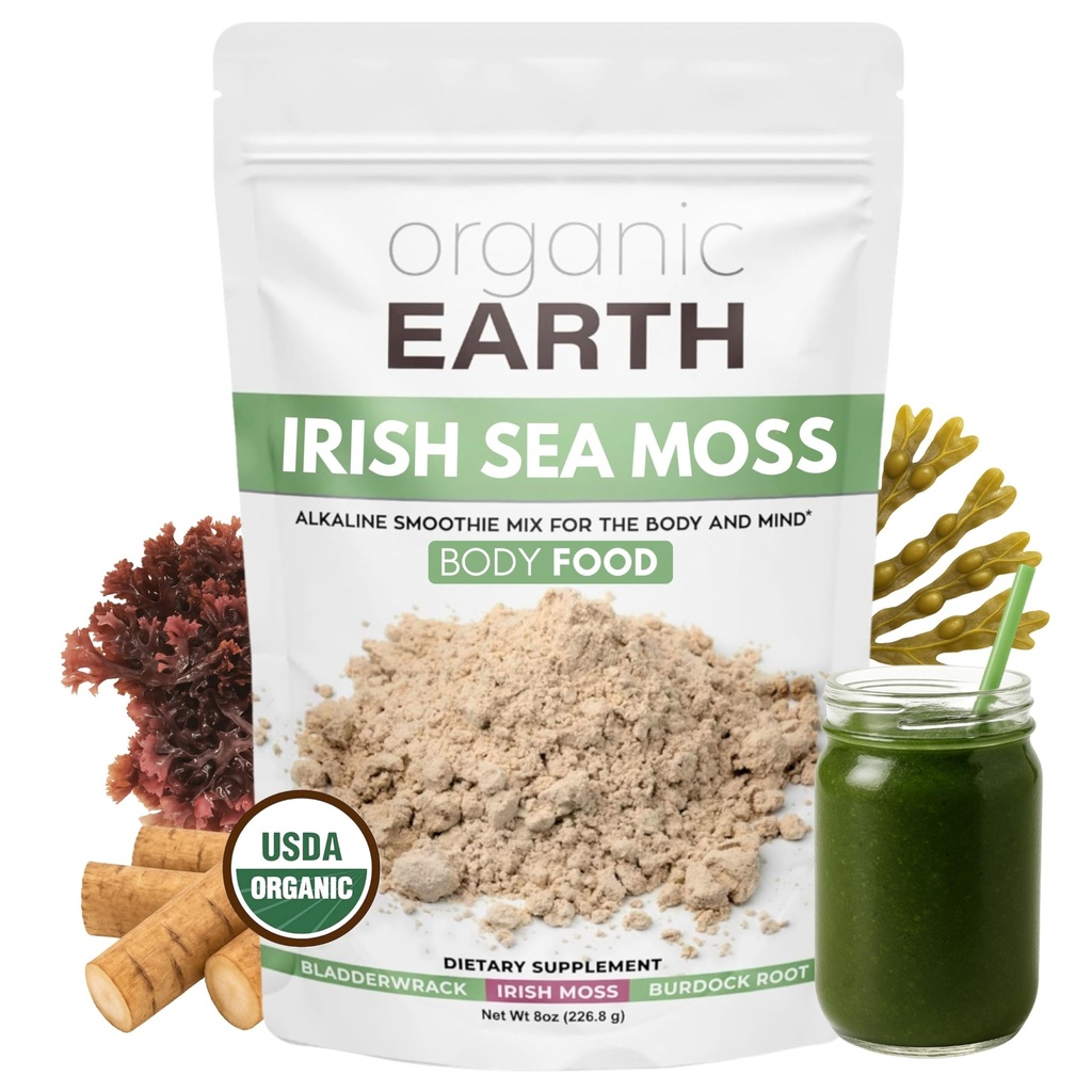 Biologische Earth Irish Sea Moss Powder 8oz - Wildcrafted Sea Moss Organic with Bladderwrack & Burdock Root Powder - Thyroid, Digestie Ondersteuning & gezonde huid - USDA Certified Organic