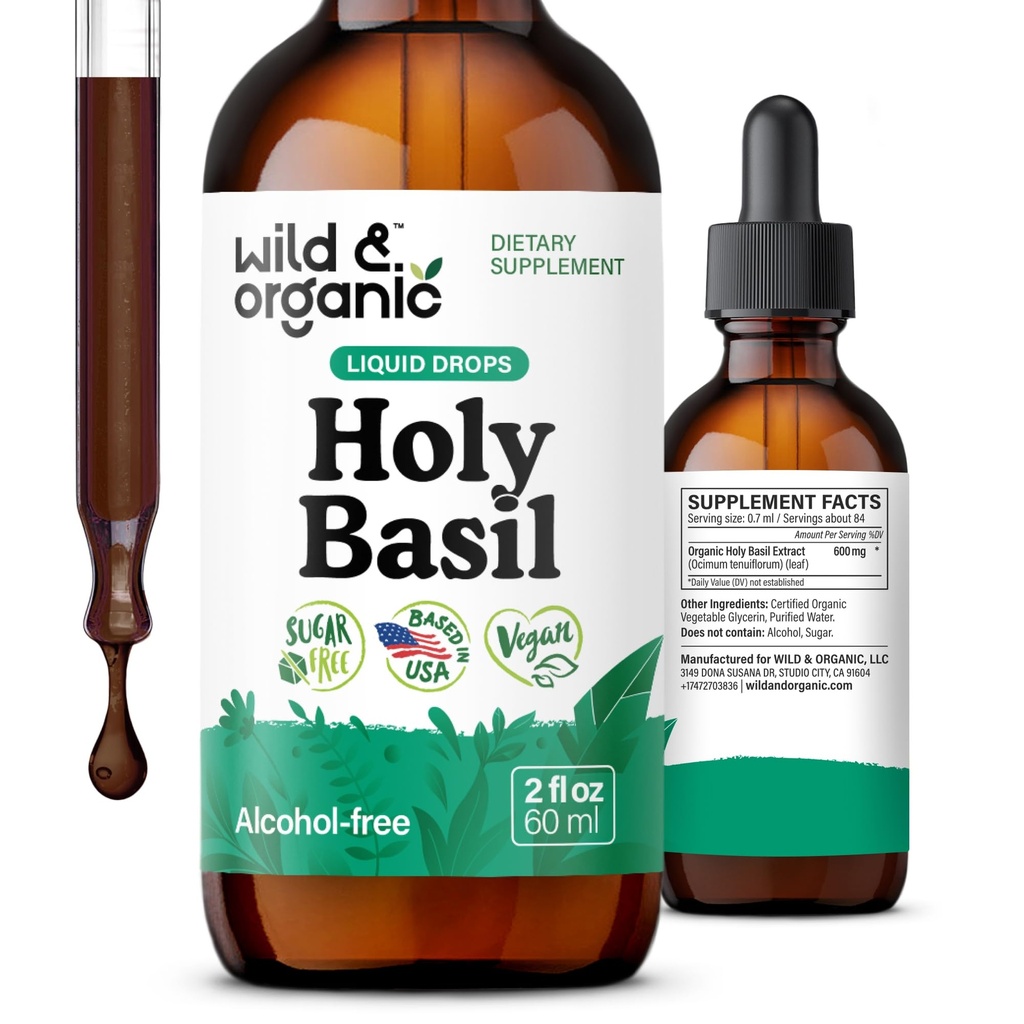Teinture de feuille de basilic Sainte sauvage et biologique - Relaxation, calme, soutien de l'humeur - Supplément de basilic Saint Tulsi - gouttes d'extrait de plantes végétaliennes, sans sucre et sans alcool - 2 fl oz
