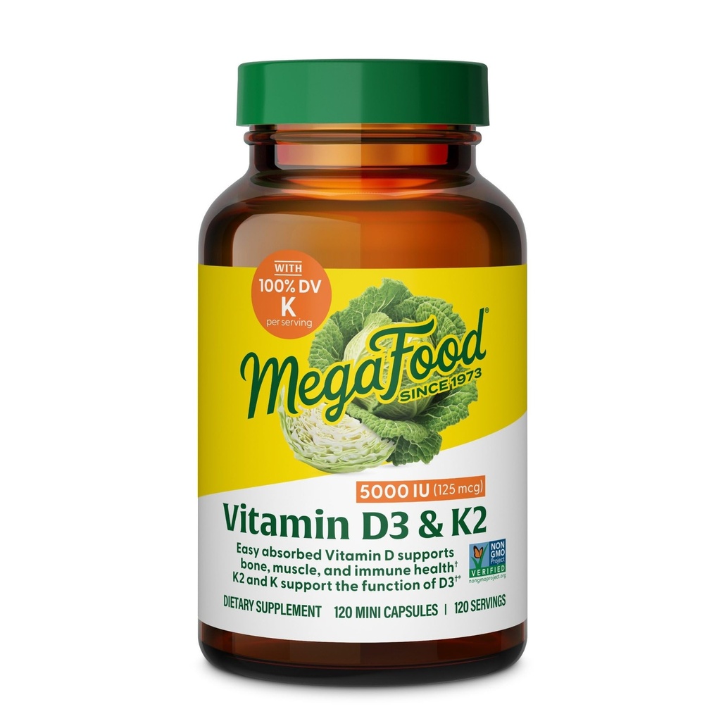 MegaFood Vitamine D3 5000 IE (125 mcg) - Vegetarische Supplementen met Vitamine D3 K2 - Ondersteunt Bones, Tanden, Spieren & Immune Health - Certified Non-GMO - 120 Mini Capsules, 120 Servings