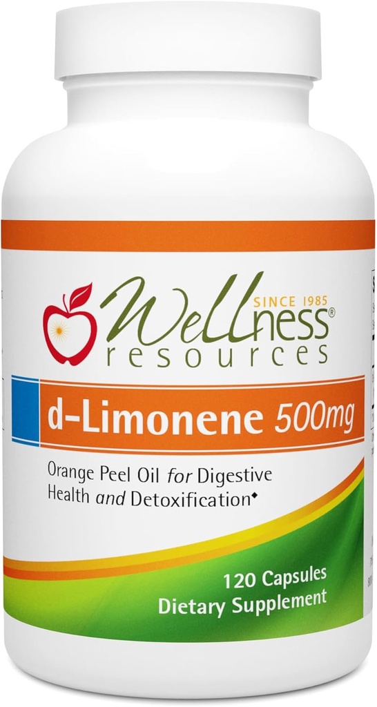 Wellness Resources High Potency d-Limonene Capsules 500mg, 120 Capsules - Orange Peel Extract voor de spijsvertering gezondheid, brandend maagzuur, zuurreflux, ontgifting