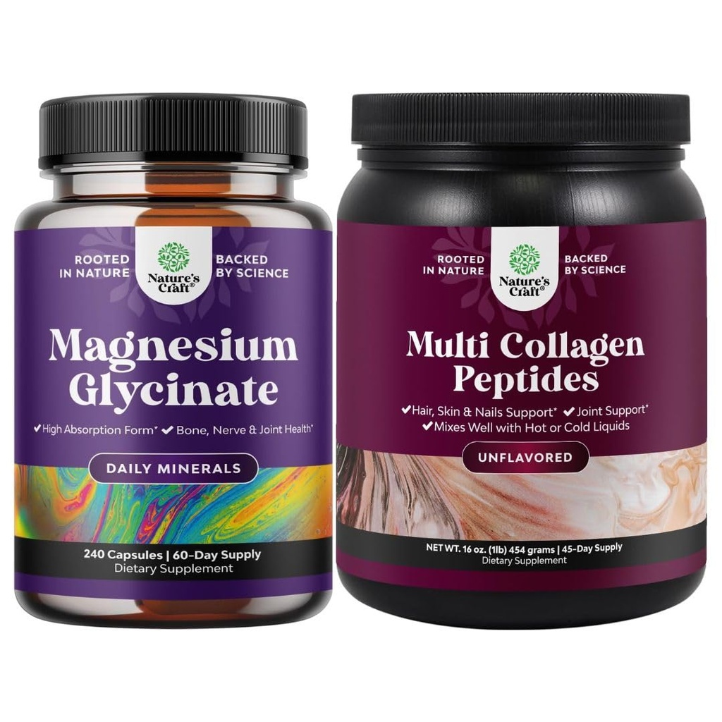 Bundel van hoge Absorptie Magnesium Glycinate Capsules voor kalmerende slaap Plus spier bot & nerve ondersteuning en Multi collageen eiwit poeder voor vrouwen en mannen - haar huid en nagels vitaminen