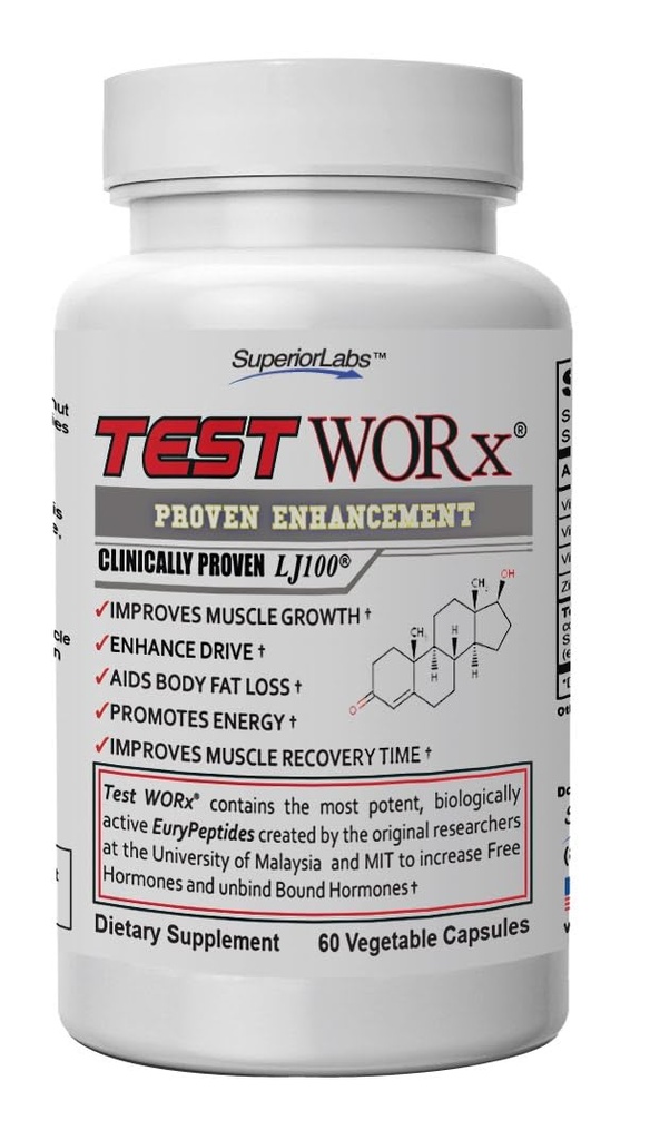 Superior Labs Test Worx Natural Testosteron Booster Supplement met klinisch bewezen LJ100 en 8 andere krachtige ingrediënten - Aanzienlijke toename van energie, uithoudingsvermogen, herstel, slaap en Mood