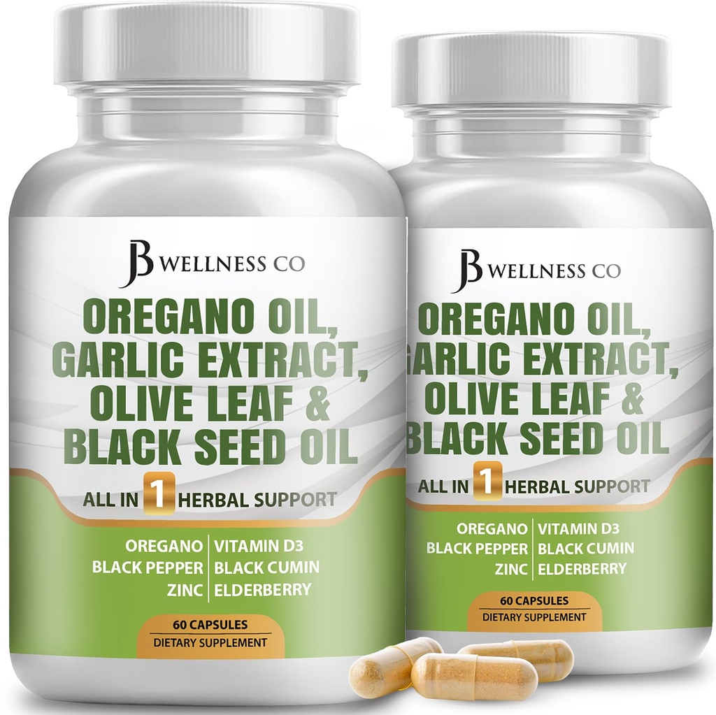 JB Wellness Oregano Oil, Knoflook Extract, Olive Leaf, met Astragalus - Immune Support & Digestief Health Supplement voor vrouwen en mannen - 120 Tel.