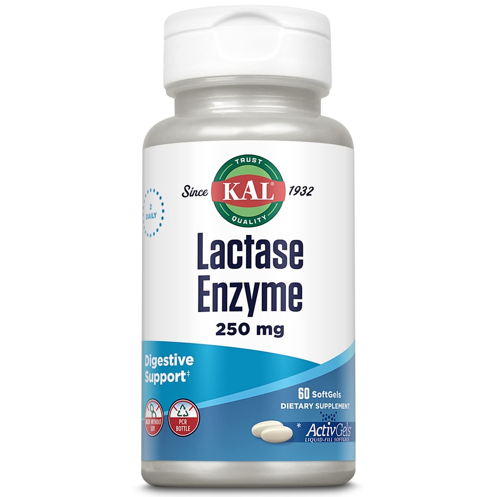 KAL Lactase Enzyme 250 mg, Gezonde Digestie Ondersteuning voor Lactose Onverdraagzaamheid, Liquid-Filed ActivGels Made Without Soy, 250 FCC Units, 30 Servings, 60 SoftGels