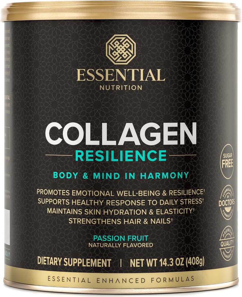 Essentiële Voeding Collageen Resilience - Gehydrolyseerde Collageen Peptides Powder with Hyaluronic Acid, Silicium, Amino-Acids & Passion Flower Extract - Passie Fruit - 14.3 oz (30 Servings)