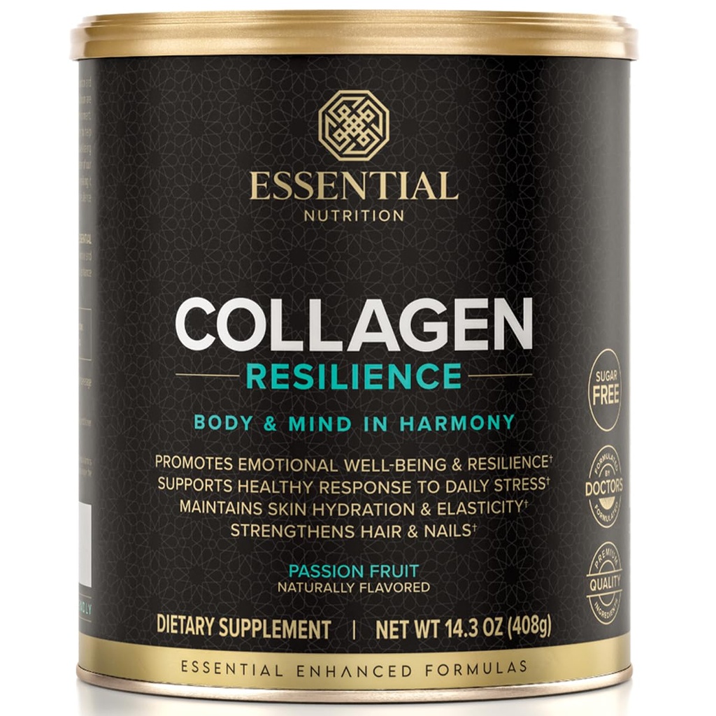 Essentiële Voeding Collageen Resilience - Gehydrolyseerde Collageen Peptides Powder with Hyaluronic Acid, Silicium, Amino-Acids & Passion Flower Extract - Passie Fruit - 14.3 oz (30 Servings)