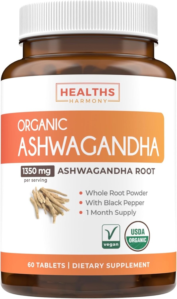 USDA Organic Ashwagandha Supplement - High Potency Ashwagandha Pills Made with Organic Black Pepper for Enhanced Absorptie - Vegan Non-GMO Made in the USA & Lab Verified (1 Months Supply)