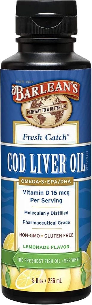 Barlean's kabeljauw lever olie vloeibare supplement, Omega 3 visolie met 900mg EPA en DHA Plus vitamine D, supplementen voor gezamenlijke, hersenen, en hart gezondheid ondersteuning, limonade smaak, 8 oz
