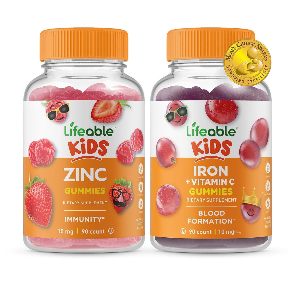 Levensvatbare Zink Kids + Iron & Vitamin C Kids, Gummies Bundle - Grote Proeverij, Vitamine Supplement, Glutenvrij, GGO-vrij, Kauwgom