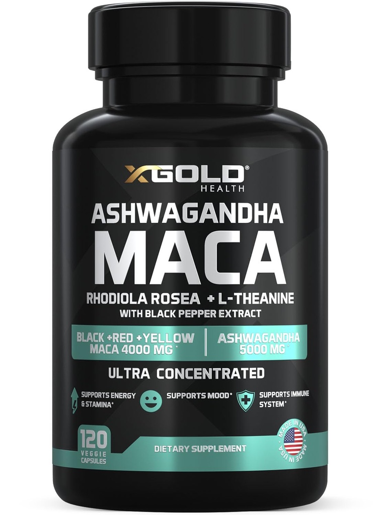 Ashwagandha 5.000mg + Maca Root Black, Red, Yellow 4.000mg, Rhodiola & L-Theanine: 30:1 Extract Ashwagandha Capsules, 20:1 Extract Maca Root Capsules - Supplement voor mannen en vrouwen