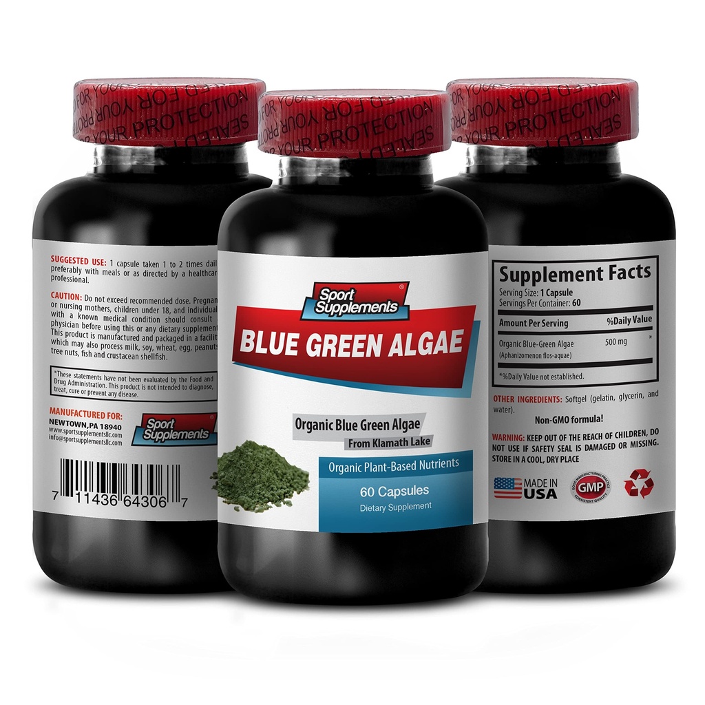Supplément à base de plantes pures - Klamath Blue Green Algae 500mg - Augmenter les niveaux d'énergie, améliorer la digestion et améliorer le système immunitaire, spiruline, chlorella, Klamath Blue Green Algae Poudre - 1B 60 Capsules