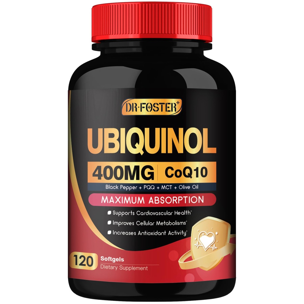 DRFOSTER Coq10 400 mg Softgels Ubichinol met PQQ & Vitamine E, Olijfolie, Hart, Hersenen en Energie Ondersteuning - 120 dagen Levering