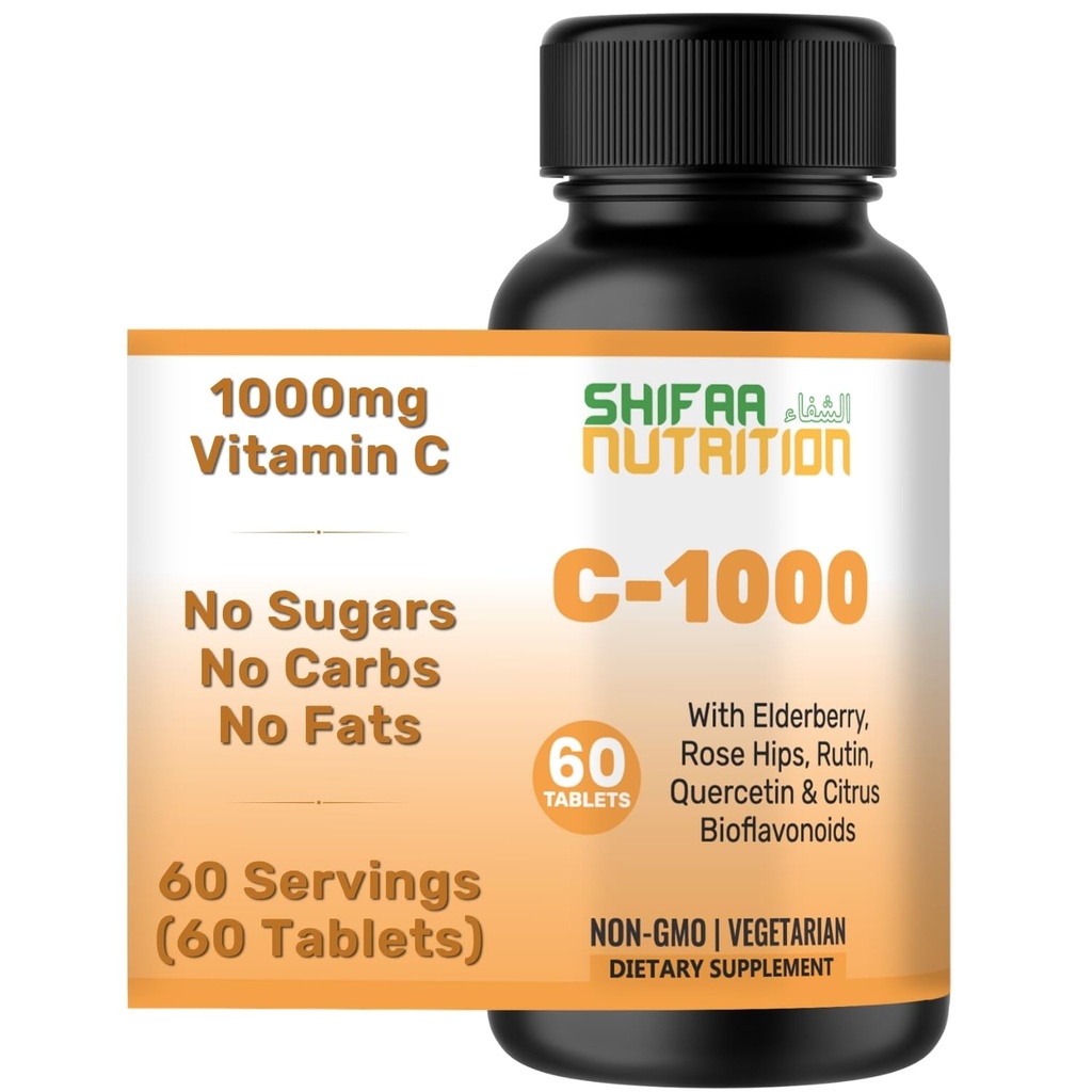 SHIFA NUTRITION Halal Vitamine C-1000 mg Tabletten, 60 dagen levering. Immuunondersteuningssupplement met vitamine C, vlierbes, quercetine, Rose HIPS & Rutin. Vegetarisch, niet-GMO, suikervrij & Keto vriendelijk