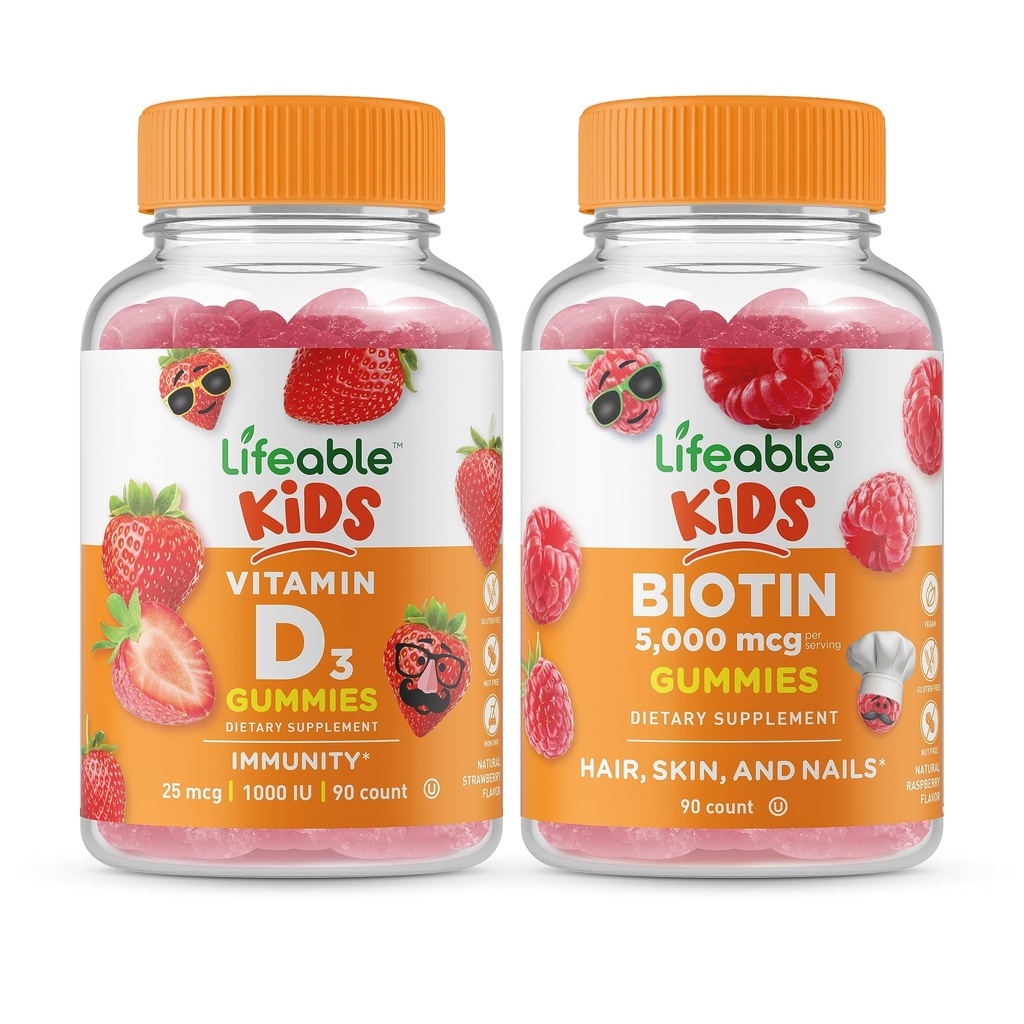 Levensvatbare vitamine D Kids + Biotin Kids, Gummies Bundle - Grote Proeverij, Vitamine Supplement, Glutenvrij, GGO-vrij, Kauwgom