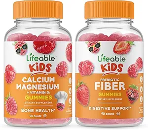 Lifeable Calcium Magnesium Kids + Prebiotic Fiber Kids, Gummies Bundle - Great Tasting, Vitamin Supplement, Gluten Free, GMO Free, Chewable Gummy