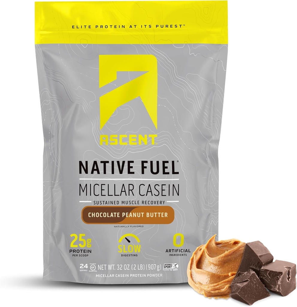 Ascent Caseïne Proteïnepoeder - 25g Micellar Caseïnepoeder met Zero kunstmatige smaken en zoetstoffen, Glutenvrij, Geen toegevoegde suiker, 4.9g BCAA, 2.2g Leucine - Chocolade Pindakaas, 2 pond