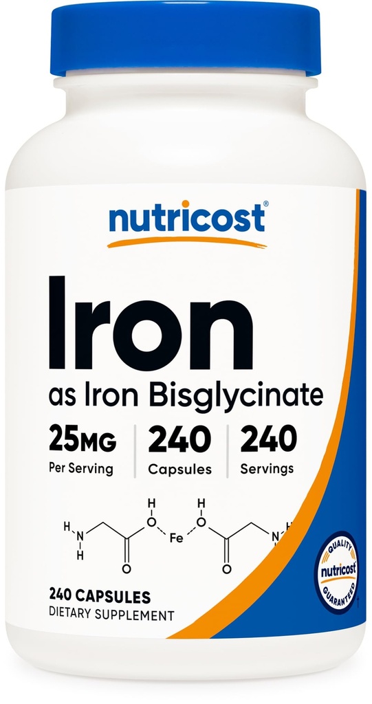 Nutricost Iron Bisglycinate Supplement (25mg) 240 Capsules - van Ferrous Bisglycinate Chelate - Non-GMO & Gluten-Free