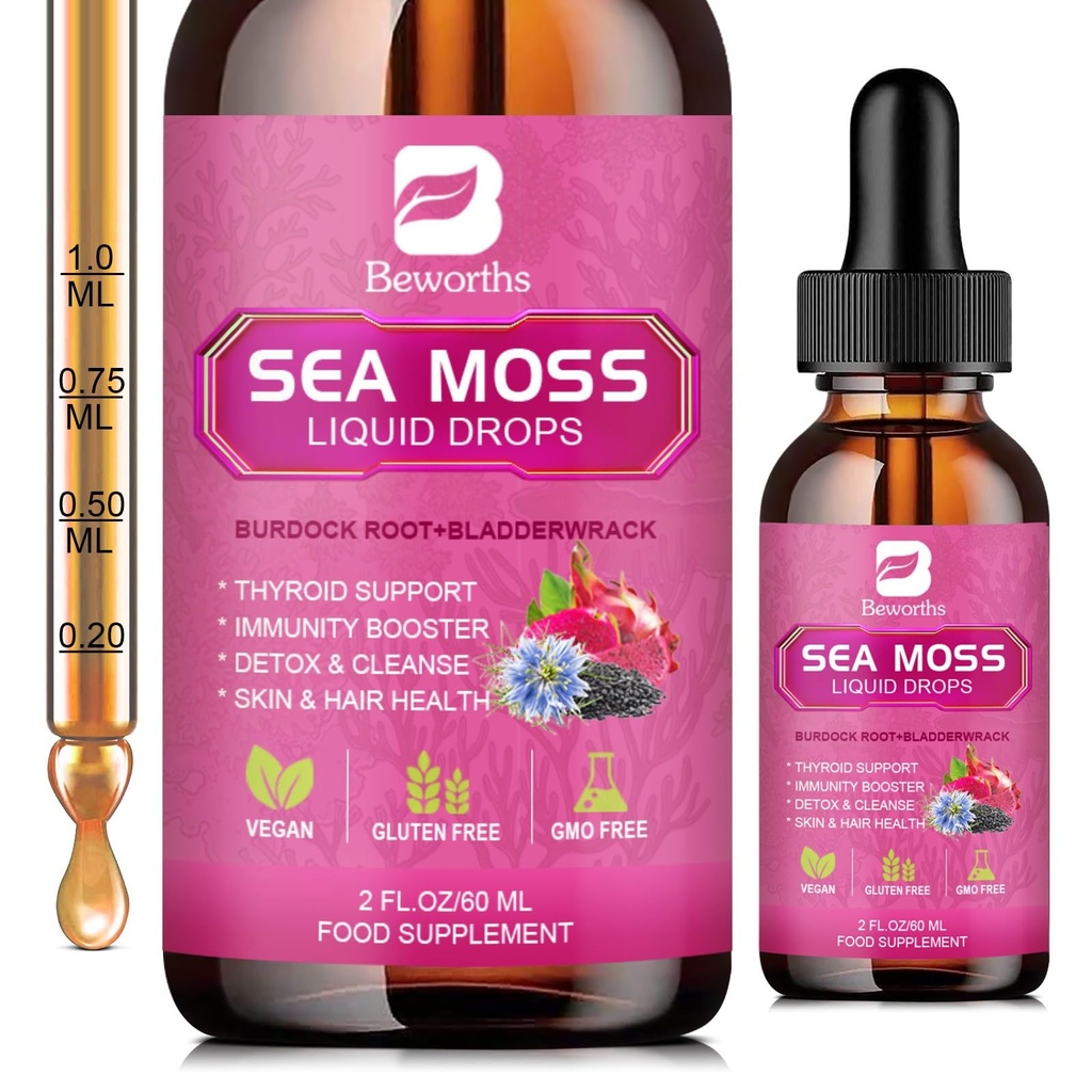 Sea Moss Liquid Drops - Biologische Black Seed Oil Irish Sea Moss Gel met Burdock Root, Bladderwrack, Vlierbes, Vitamine C, D3, 6X Sterkere Seamoss Gel voor Digestief, Hair Health - Vegan