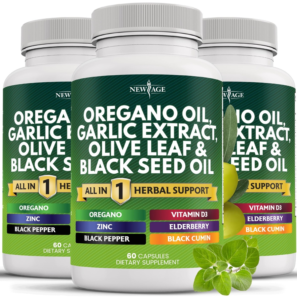 NIEUWE AGE Oregano olie Knoflook Extract Olive Leaf met Astragalus - Supplement voor vrouwen en mannen - 180 Tel.