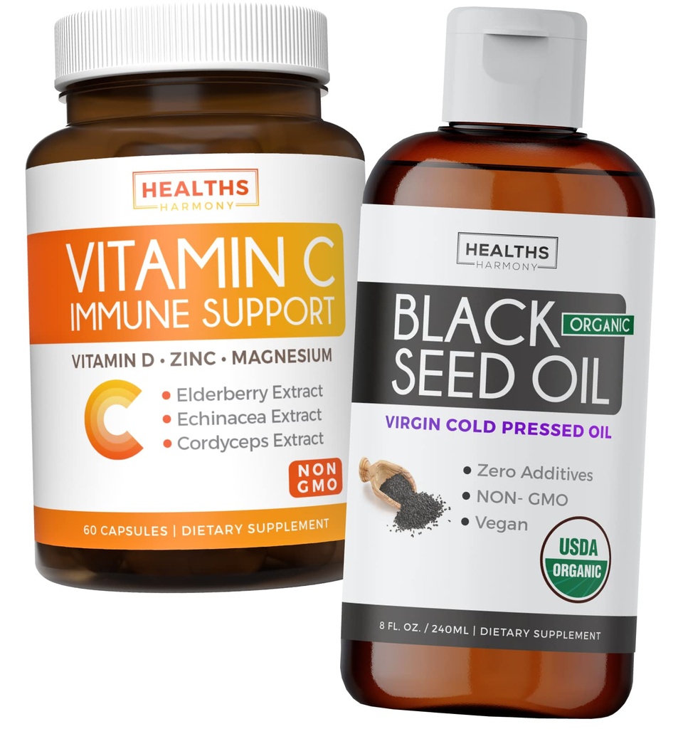 Ensemble d'huile de graines noires liquide et vitamine C - Immune Fusion Booster Pack - Organic Black Seed Oil Liquide (8fl oz) Premium Nigella Sativa et vitamine C Immune Support (non-OGM)(60 capsules)