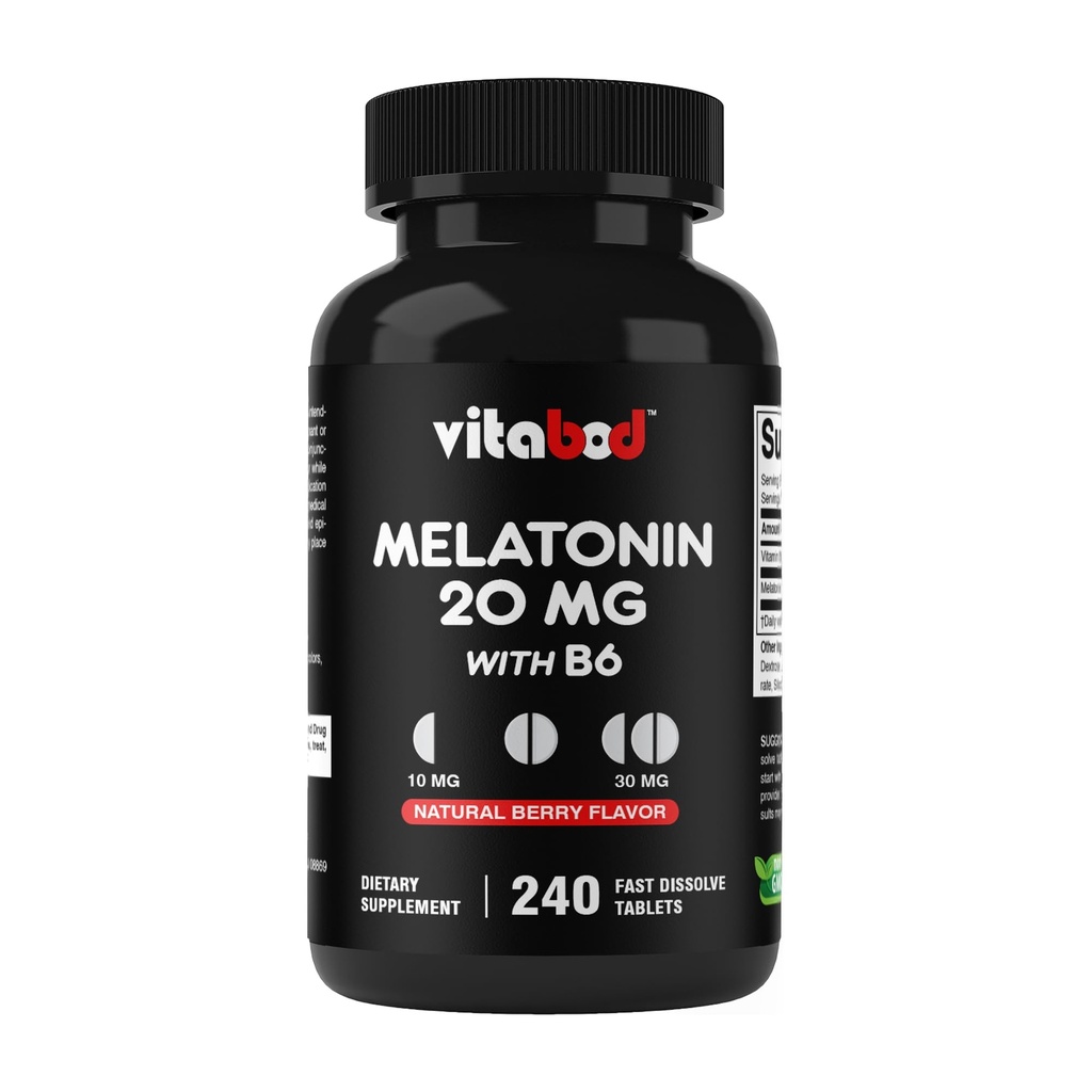 Vitabod Melatonine 20 mg - 240 comprimés à solution rapide - Sans médicament - Arôme naturel de baie - Végétarien, non-OGM, sans gluten 240 Compte (paquet de 1) (240 Compte (paquet de 1))