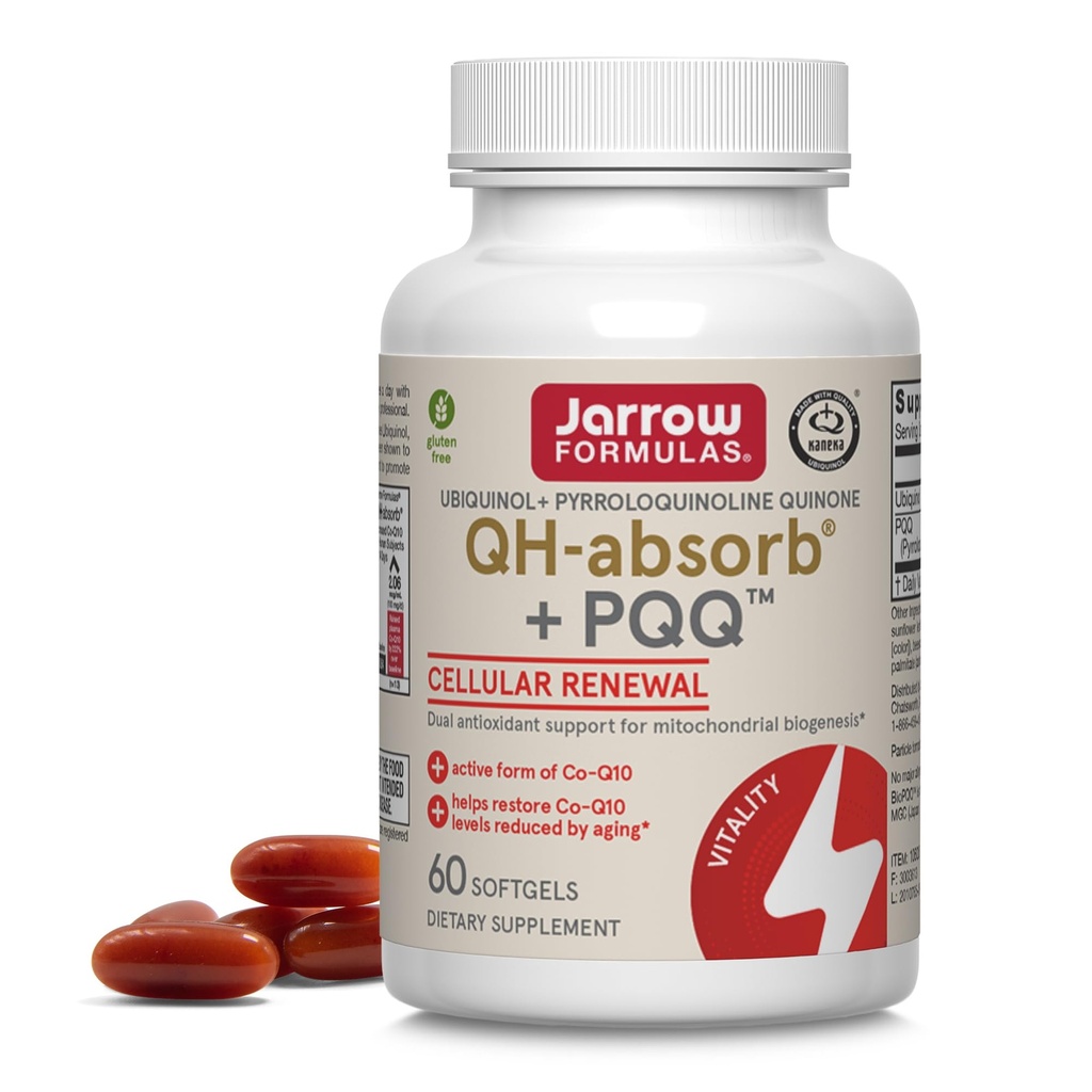 Formules de Jarrow QH-Absorb + PQQ - 60 Softgels - Supporte la biogenèse mitochondriale, la production d'énergie et la santé cardiovasculaire - jusqu'à 60 portions
