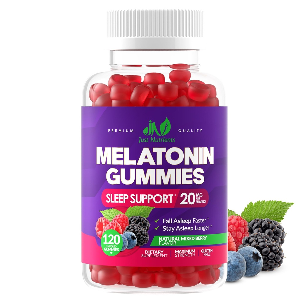 Melatonine 20mg Gummies (120 Count) - Maximale sterkte Slaap Ondersteuning voor volwassenen met 10mg Melatonine Per Gummy - Glutenvrije, Niet-GMO, Vegetarische, Grote Proeverij Gemengde Bessen Smaak - 60 Servers