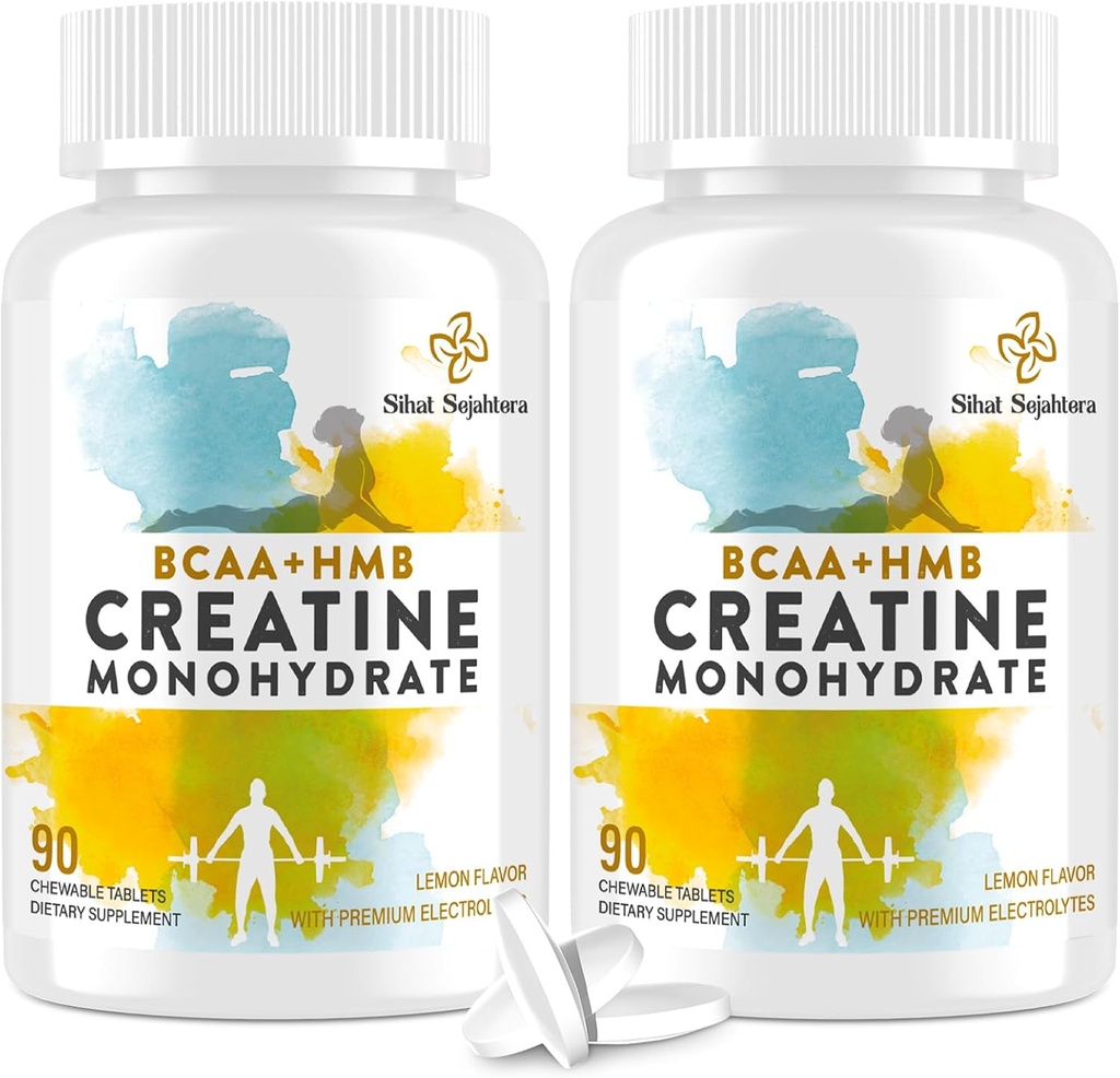 8-in-1 Creatine Monohydraat met BCAA & HMB, 5000 mg voor mannen & vrouwen, Creatine Kauwen voor spier, herstel, duurzaamheid & sterkte, hoge absorptie, citroensmaak, suikervrij, 180 tabletten
