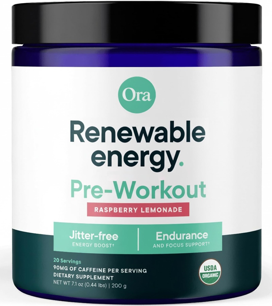 Ora Organic Natural Pre Workout Powder - Raspberry Limonade smaak- Biedt Jitter gratis energie, focus, hydratatie, & endurance - Veganistisch, gecertificeerd biologisch, soja, zuivel, & glutenvrij, 20 porties