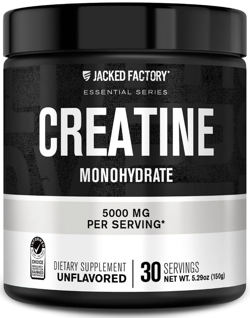 Jacked Factory Creatine Monohydraat Poeder 150g - 5g Daily Creatine Supplement voor mannen en vrouwen, Vegan-Friendly, Third-Party Getest - 30 porties, ongearomatiseerd