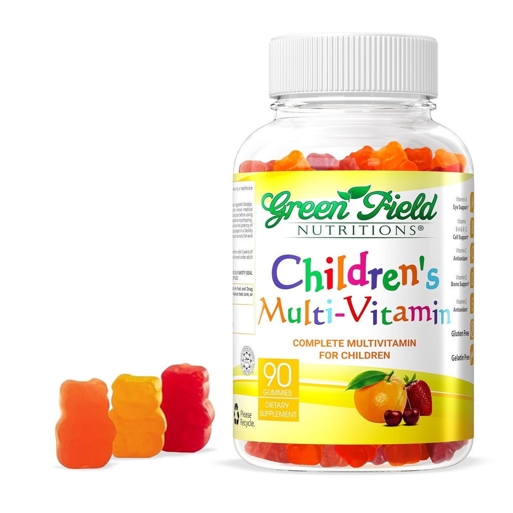 Greenfield Nutritions Enfants Sans gélatine Gommies de multivitamines halales - Toutes les vitamines halales essentielles A, Bs, C, D, Iodine, Zinc pour l'immunité, Non-OGM, Gommies de vitamines halales pour enfants (90 Nombre)