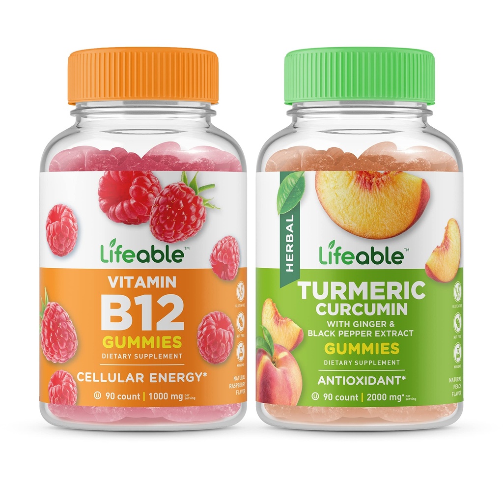 Levensvatbare vitamine B12 + Kurkuma Curcumine, Gummies Bundle - Grote Proeverij, Vitamine Supplement, Glutenvrij, GGO vrij, Kauwbaar