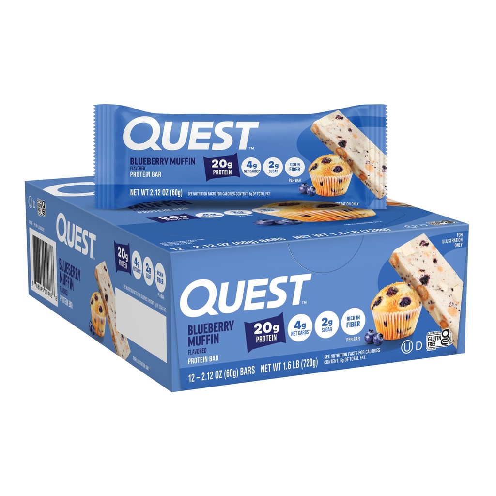 Quest Nutrition Blueberry Muffin Proteïne Bars, 20g Proteïne, 2g Suiker, 5g Net Carb, Glutenvrij, Keto Vriendelijk, 12 Tellen