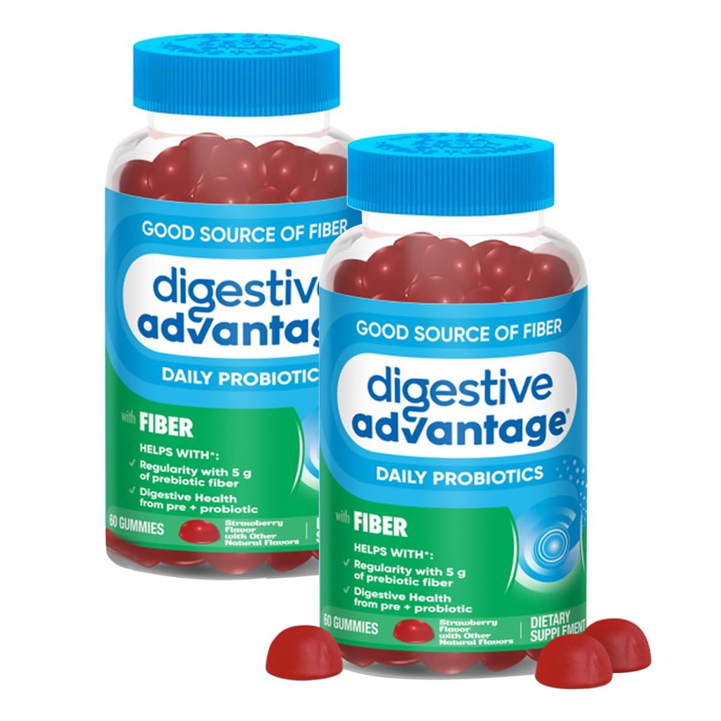 Digestief Voordeel Prebiotic Fiber Supplement Strawberry Flavor Gummies met Probiotica voor vrouwen & mannen Digestieve Gezondheid, Volwassenen Regularity and Gut Health, 60 Tel (2 Pack)