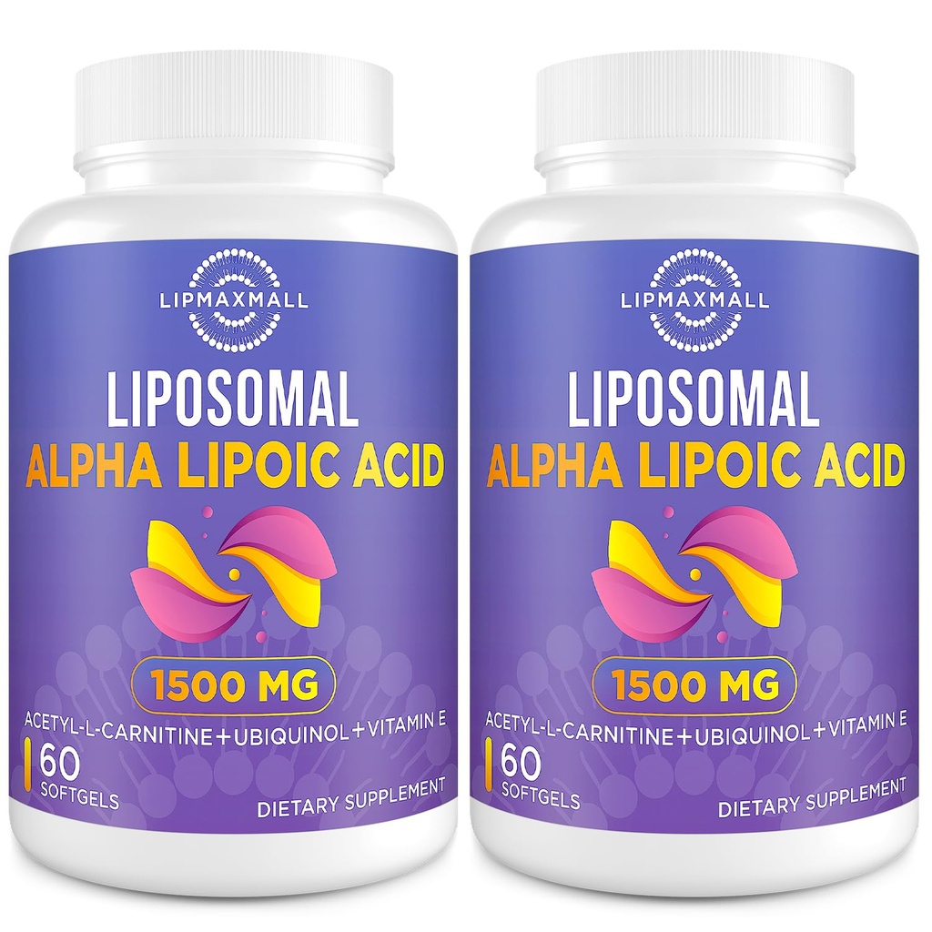 Liposomal Alpha Lipoïnezuur 1500mg - met acetyl-L-Carnitine 900mg & Ubichinol 100mg & Vitamin E 15mg,ALA Supplement voor antioxidanten Glucose Metabolisme Nerve Energy,60 Softgels (2 fles)