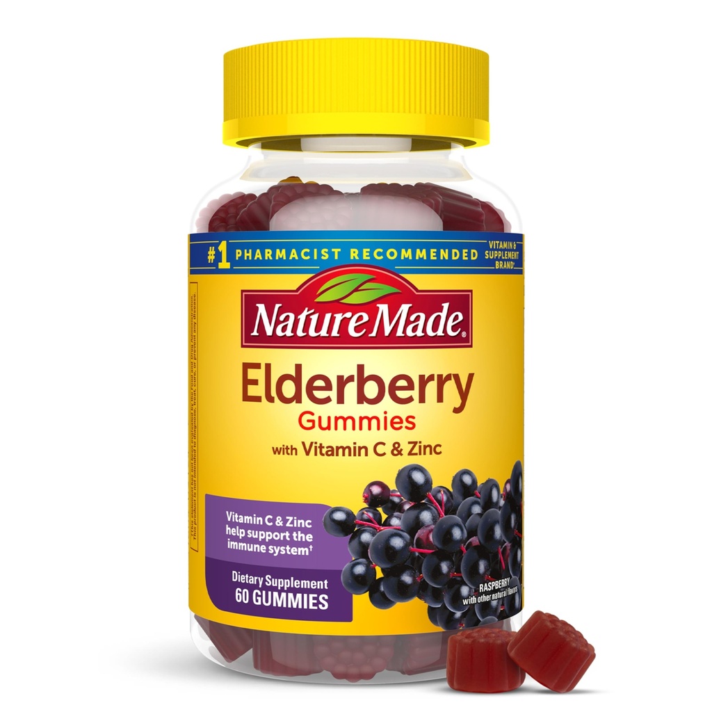Nature Made Vlierbes met vitamine C en zink, Dieetsupplement voor Immune Support, 60 Vlierbessen Gummies, 30 Day Supply