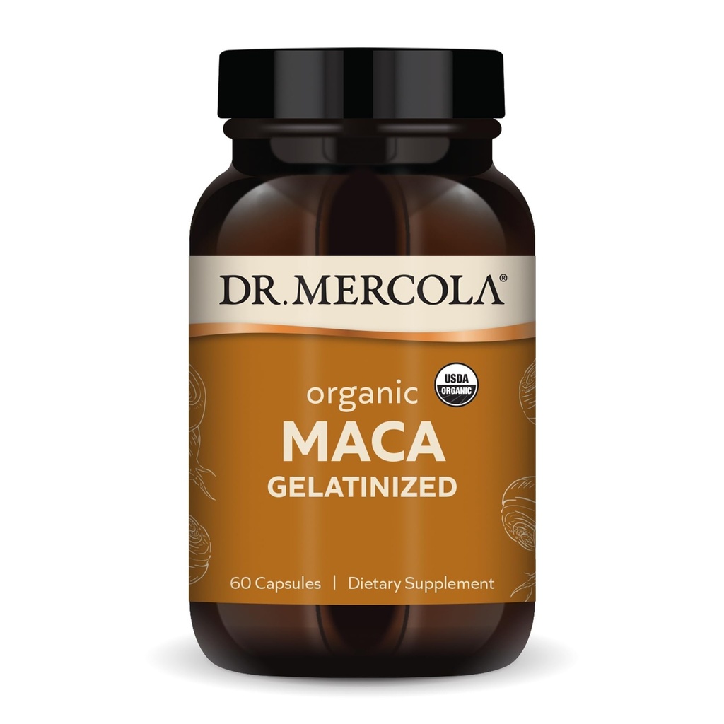 Dr. Mercola Organic Maca supplément alimentaire gélatinisé, 30 portions (60 capsules), non OGM, sans gluten, sans soja, bio USDA