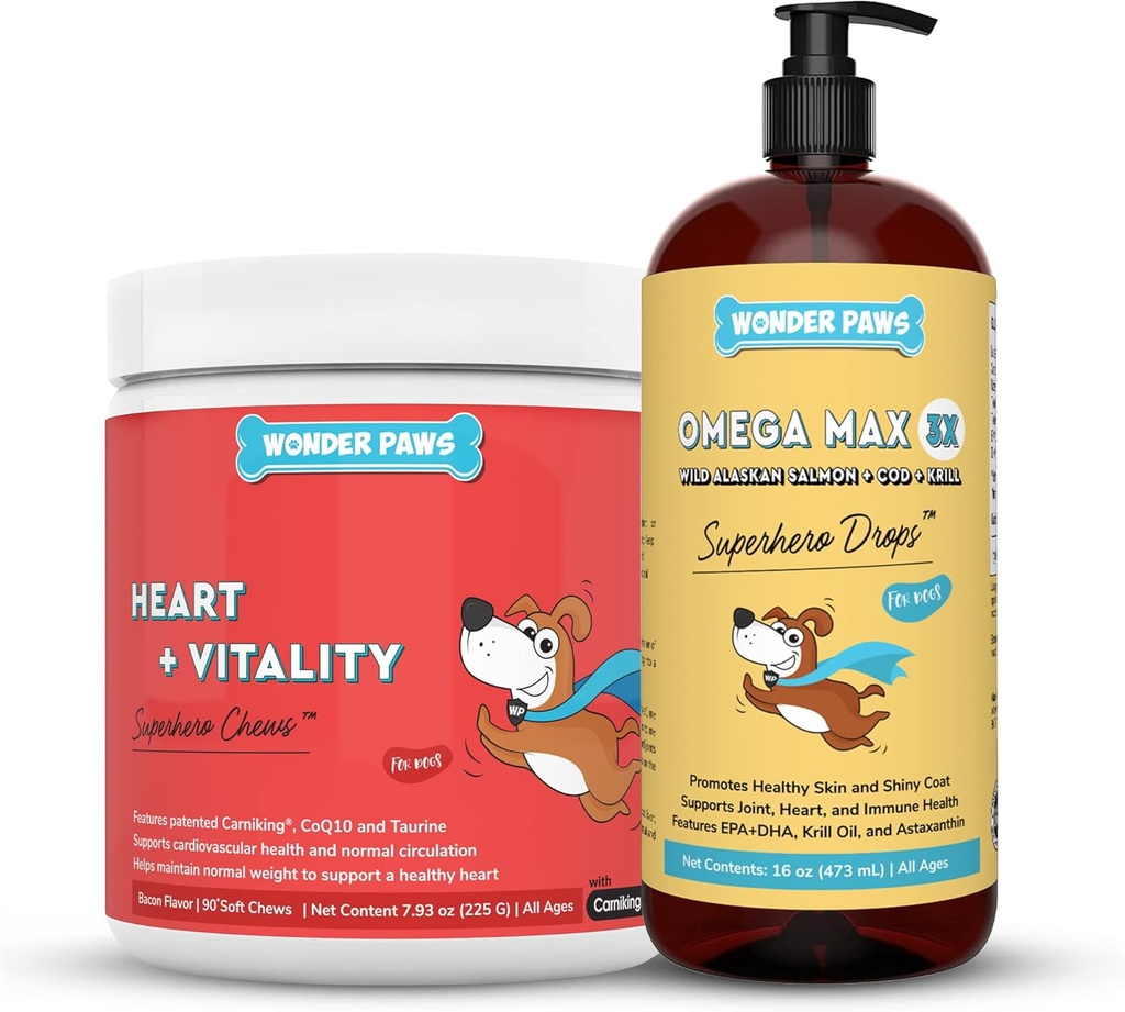 WONDER PAWS Hart + vitaliteit Superheld Kauwen Plus Omega Max Visolie - voor honden Hartgezondheid, huid en Joint Care & Immuun Ondersteuning - Hart + vitaliteit 90 Kauwen - Omega Max 16 Ounces