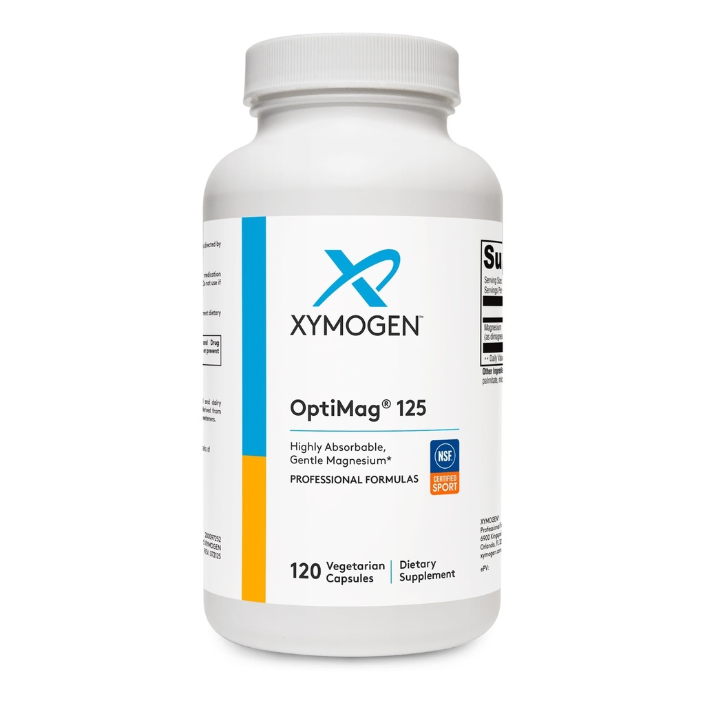 XYMOGEN OptiMag 125 - Magnesium Glycinate & Malate - Muscle & Nervous System Support - Gentle Daily Magnesium - 120 Capsules