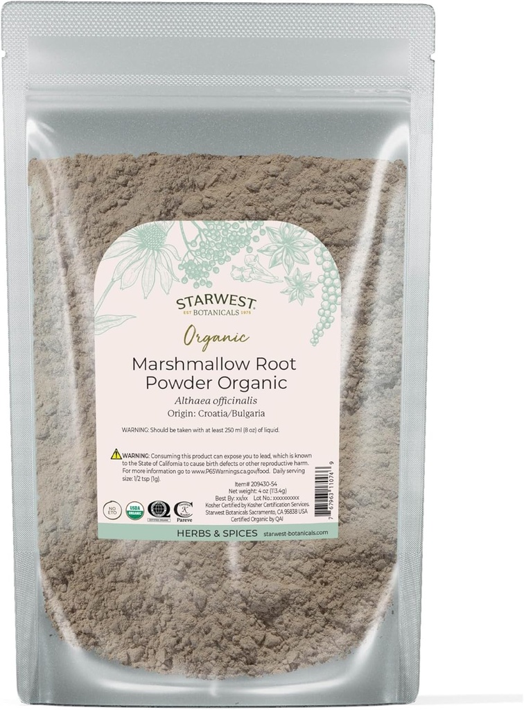 Starwest Botanicals Biologische Marshmallow Root Powder - Gedroogde kruiden voor thee, Capsules, & Herbal Blends, Certified Kosher, Non-GMO - 4 oz Pouch