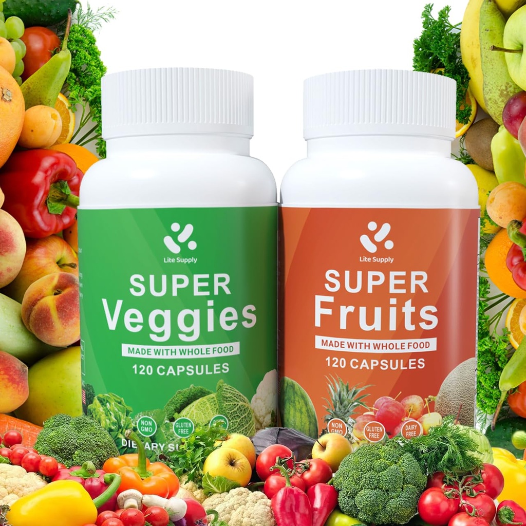 Fruits and Veggies Supplement 240 Caps - 120 Fruit and 120 Veggie Capsules - Whole Food & Natural Superfood Filled with Vitamins & Minerals for Women, Men Supports Energy Levels
