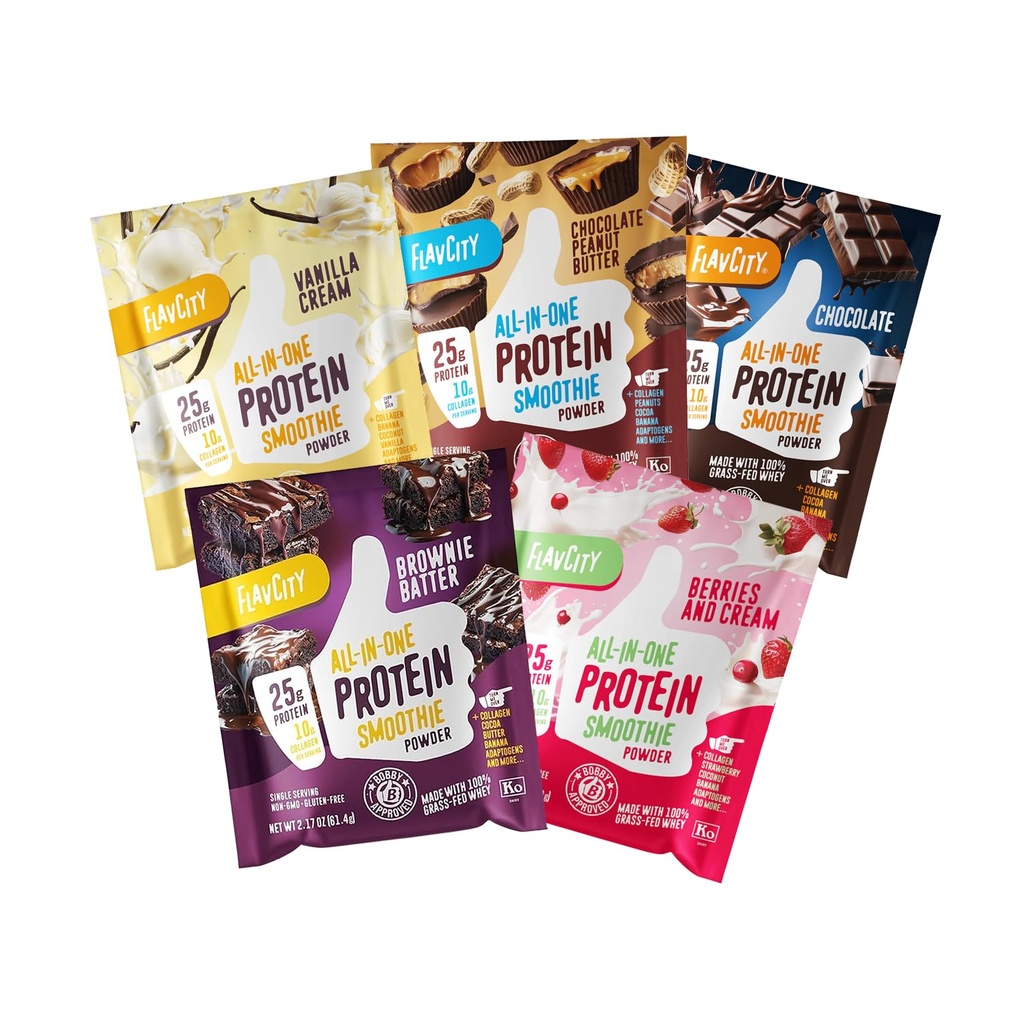 FlavCity All in One Protein Shake Powder Packets - On the Go Meal Alternative + 25g Protein & 10g Collageen, Made with Organic Reishi & Cordyceps Paddestoelen - No Added Sugars, Variety 10 Pack