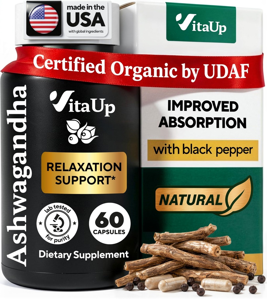 Ashwagandha Capsules 1310mg met zwarte peper - USA Made Ashwagandha Supplementen voor ontspannende ondersteuning, normale cognitieve functie & Balanced Energy Levels