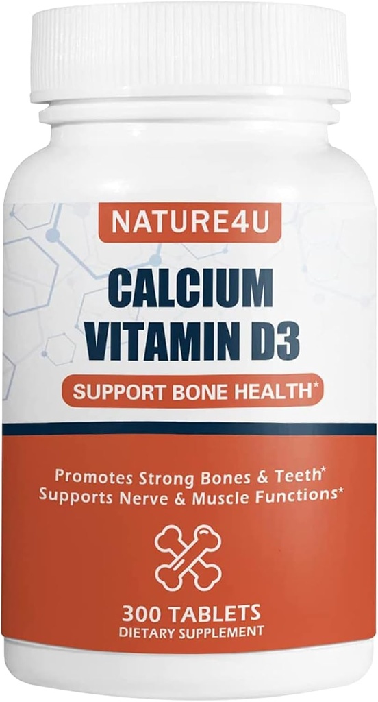 Calcium 1000 mg met vitamine D3, Bone Health Supplement voor volwassenen, Ondersteuning Muscel Zenuw Gezondheid en Calcium Absorptie, 300 Tablet