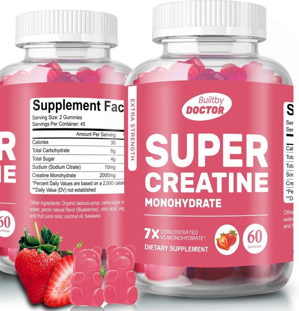 Gommies monohydratées super créatine pour les hommes et les femmes, sans sucre, 30 portions, 5g de créatine par portion, végétalien, sans gluten, supplément de renforcement musculaire pour augmenter la taille et la force musculaire