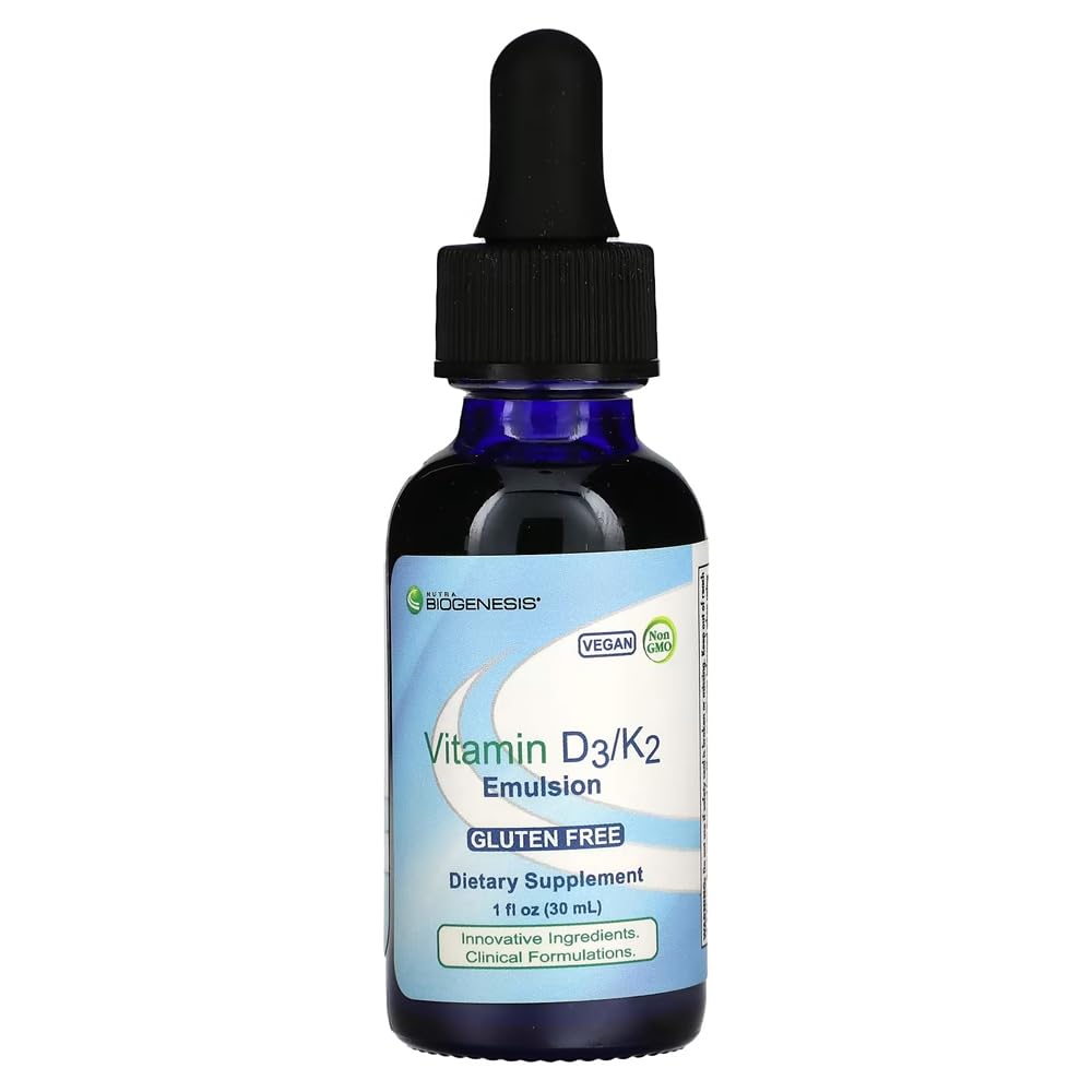 Nutra Biogenese Vitamine D3/K2 Emulsie - Liquid Vitamin D druppels met MCT olie, D3 K2 supplement voor volwassenen en kinderen, Sublingual Oil Dropper voor vrouwen en mannen - 1 Fl Oz fles (30 ml)