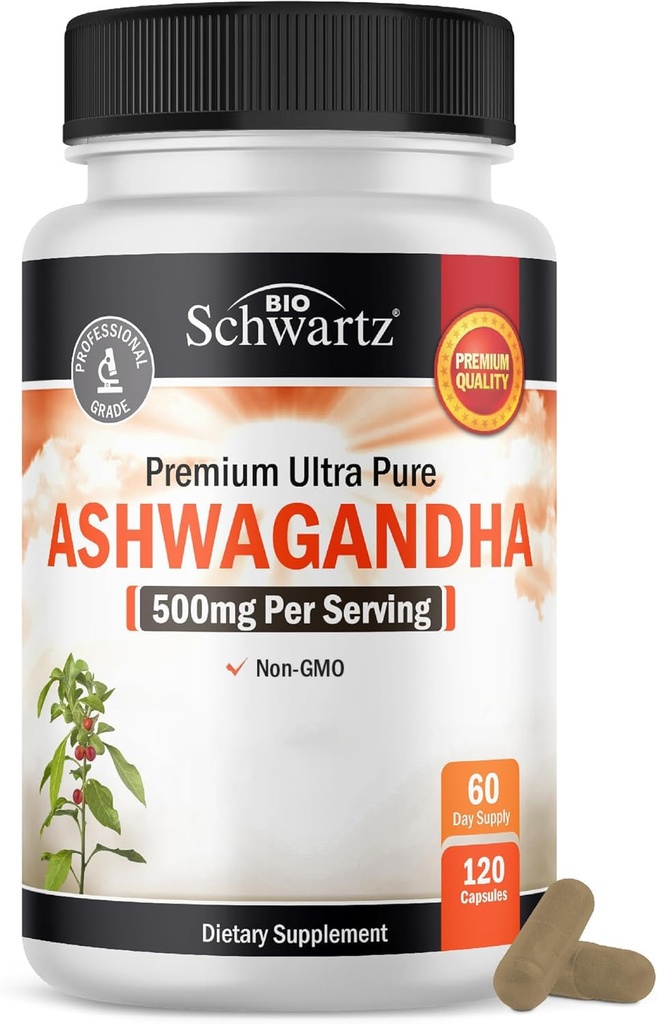 BioSchwartz Ashwagandha Supplementen - Extra sterkte Ashwagandha Capsules 500mg per portie - Glutenvrij, niet-GMO, Made in The USA with Globally Sourced Ingredients, 60 Servings (120 Count)