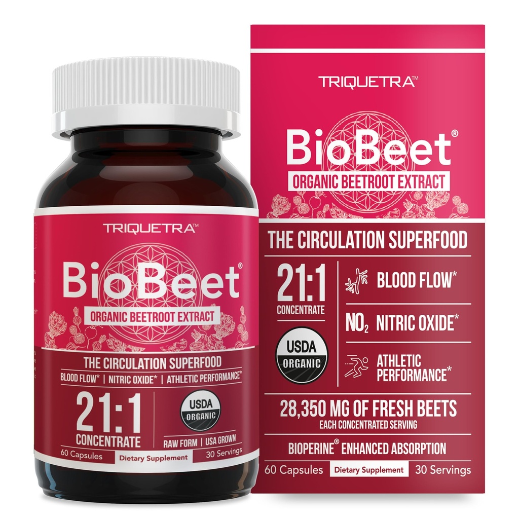 BioBeet® Capsules de racine de betterave à concentration maximale - 21:1 Concentré, chaque portion dérivée de 28 350 mg de betterave biologique - Amélioration de l'absorption avec BioPerine® Extrait de poivre noir (60 capsules)